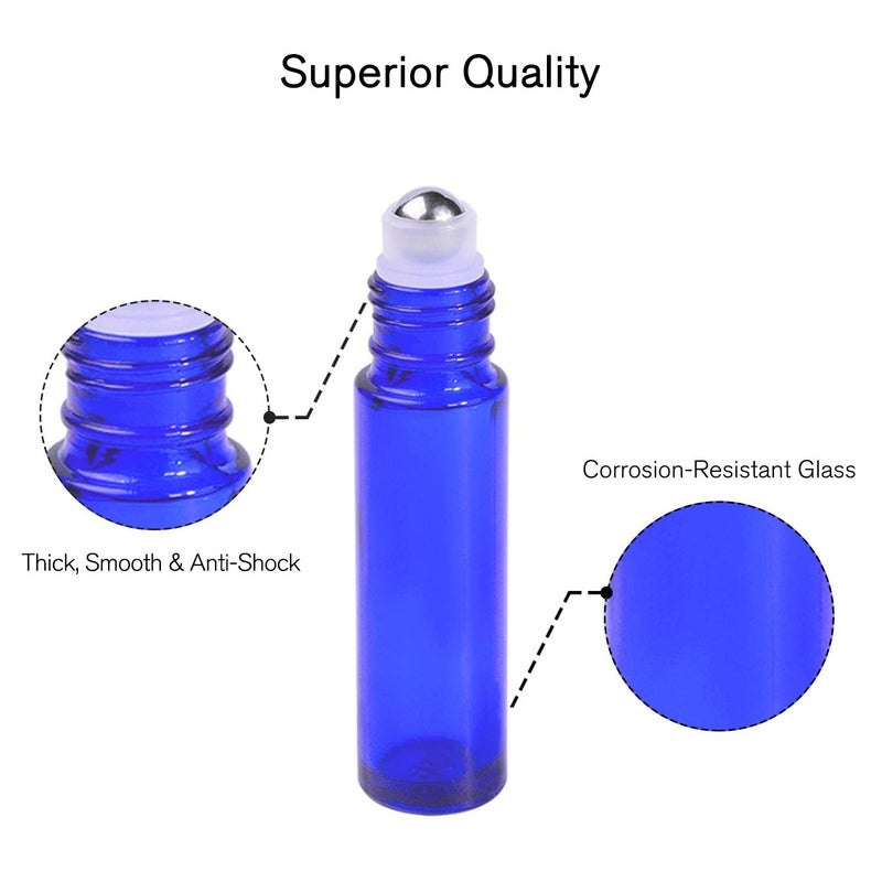 PrettyCare Roller Bottles For Oils 10 ml (Blue Glass, 24 Pack, 2 Extra Stainless Steel Balls, 2 droppers, 1 small brush, 24 Labels, 1 Opener, 1 Funnels Essential Oil Roller Bottles, Roller on Bottles - Image 3